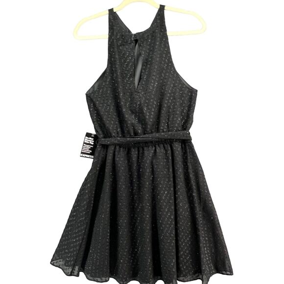 Express Metallic Halter Dress M Black Sparkle Fit Flare Belted Party Evening NEW - Picture 5 of 16